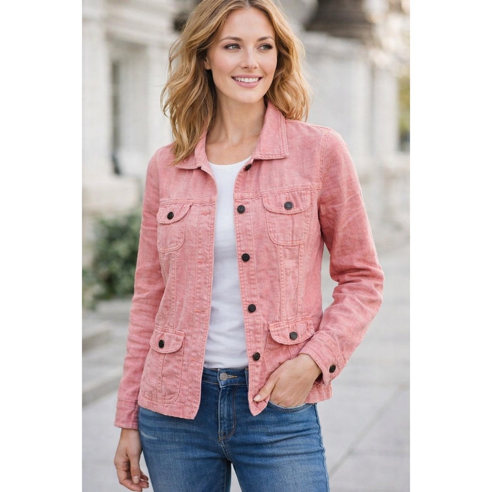 J. Jill Linen Utility Jacket Womens S Coral Pink Button Chore Coastal Lagenlook